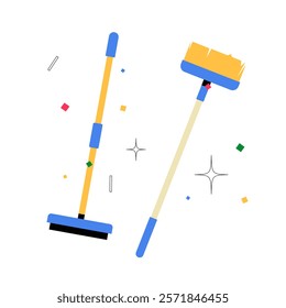 Broom And Mop Set In Flat Vector Illustration Symbolizing Cleaning Tools, Hygiene, And Home Maintenance, Isolated On White Background