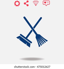 Broom and mop vector icon on grey background.