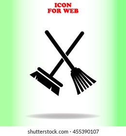 Broom and mop web icon. Black illustration on white background