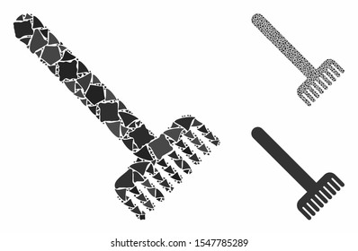 Broom mosaic of abrupt parts in different sizes and color tints, based on broom icon. Vector rough parts are grouped into collage. Broom icons collage with dotted pattern.
