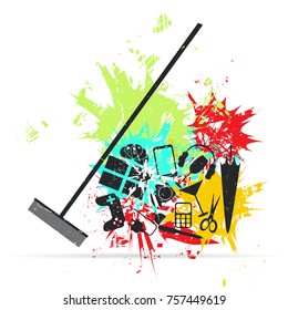 Broom on background with color spots. Cleaning conception. Grunge vector illustration