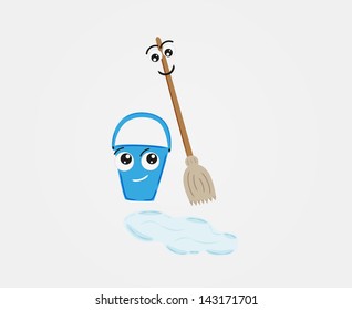 broom and pail and water on the floor
