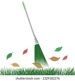 Broom with plastic handle - isolated on white background - grass and leaves - flat style - vector. Garden equipment