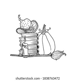 Broom and pumpkin near stack of books and candle. Halloween doodles. Isolated vector illustration in contour or outline drawing style for coloring book pages design.