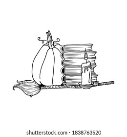 Escoba y calabaza cerca de un montón de libros y velas. Doodles de Halloween. Ilustración vectorial aislada en estilo de dibujo de contorno o contorno para el diseño de páginas de libros de color.