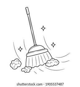 The broom removes dust and dirt, black and white Line art vector illustration 