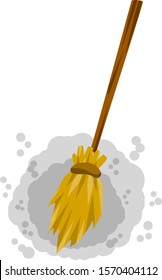 Broom. A rustic item for house cleaning. Sweeping and grey dust. Dirt and debris. Old wooden MOP in wooden handle. The element of witch. Cartoon flat illustration