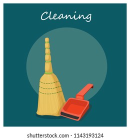 broom, scoop, cleaning, vector illustration