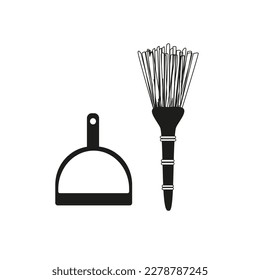 Icono de escoba y primicia en glifo plano negro, estilo relleno aislado en fondo blanco. Ilustración vectorial en blanco y negro. Equipo de limpieza.