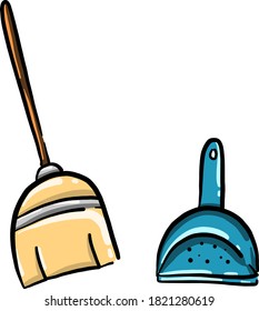 Broom and scoop, illustration, vector on white background