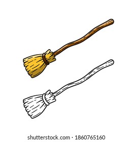 Broom. Set of Sweeping and Old wooden MOP. Rustic item for house cleaning