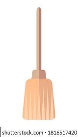 Broom, short brush of bound straw with brown plastic or wooden handle. Simple flat image home cleaning items isolated on white. Fleecy brush for home sweeping. Cleaning agent, mopping, sweeping