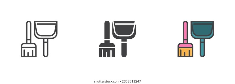 Broom and shovel different style icon set. Line, glyph and filled outline colorful version, outline and filled vector sign. Symbol, logo illustration. Vector graphics