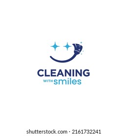 Broom with smile face fun cleaning service logo icon sign symbol design concept. Vector illustration