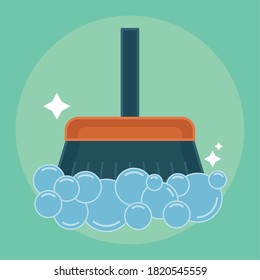 Escoba con burbujas de jabón. Icono de productos de limpieza - Vector