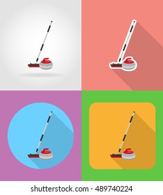 broom and stone for curling flat icons vector illustration isolated on background