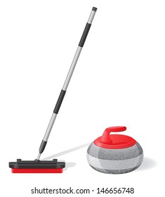 broom and stone for curling sport game vector illustration isolated on white background