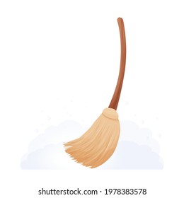 Broom Sweep Floor In Cartoon Style Isolated On White Background, Household Equipment For Cleaning, Sorghum Broom Cleaning