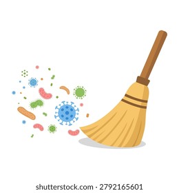 Broom Sweeping Away Germs.Household implement from dust and dirt. Vector illustration