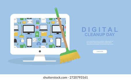 ein Computerbildschirm mit Symbolen wie Dateien, E-Mails und Apps zum Tag der digitalen Säuberung, ideal für Zielseiten und Sensibilisierungskampagnen. Datenbereinigungskonzept. Vektorgrafik