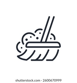 Broom sweeping up dust or debris editable stroke outline icon isolated on white background flat vector illustration. Pixel perfect. 64 x 64.