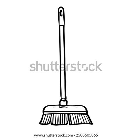 Broom for sweeping the floor hand drawn doodle. Mop with a handle for dry or wet cleaning of dirt from the house. Laundry room. Vector outline line art illustration.