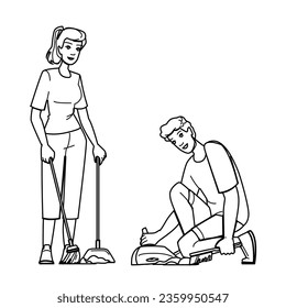 broom sweeping floor vector. person domestic, work dust, housekeeping housework broom sweeping floor character. people black line illustration