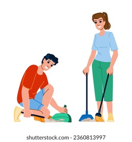 vector del piso de barrido de escoba. persona doméstica, polvo de trabajo, escoba de las tareas domésticas de mantenimiento de la casa, personaje de piso de barrido. ilustración de dibujos animados planos de personas