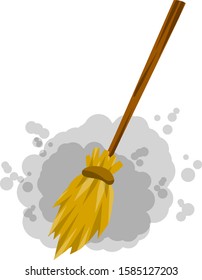 Broom. Sweeping and grey dust. Old wooden MOP in wooden handle