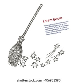 Broom sweeps the stars. Cleaning in the spirit, Black and white vector sketch