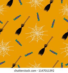 Broom and sweets, Halloween seamless wallpaper. Simplified retro cartoon style. Illustration element for your design, wallpaper. children's wallpaper.