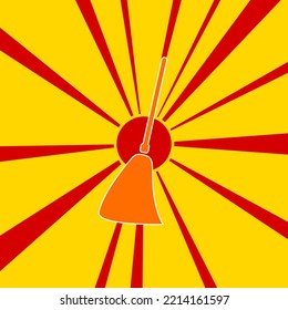Broom symbol on a background of red flash explosion radial lines. The large orange symbol is located in the center of the sun, symbolizing the sunrise. Vector illustration on yellow background