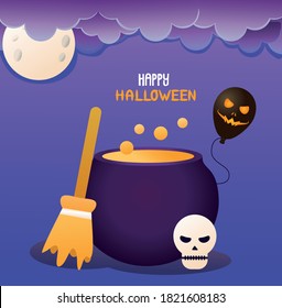 broom witch and cauldron halloween icon vector illustration design