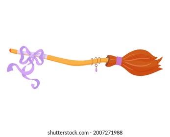 Broom for a witch with a purple bow. Halloween costume item. Decor element. Vector illustration isolated on white background.