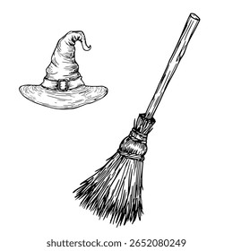 Broom with wooden handle and pointed witch hat, set. Vector illustration . Magical attributes are isolated on a white background. The theme of witchcraft, fairy tales and Halloween.
