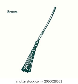 Broom Wooden, Vintage Witch Style. Ink Doodle Drawing 