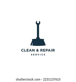 Broom with wrench, clean and repair logo design concept. Vector icon isolated object on background