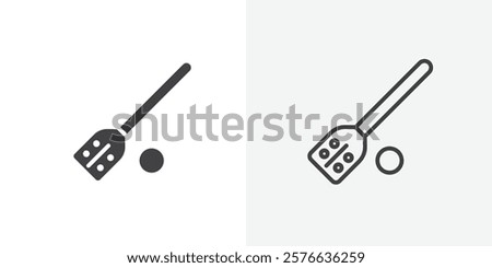 Broom-ball icon set in black flat solid and outlined style.