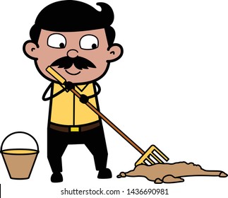 Brooming Dust - Indian Cartoon Man Father Vector Illustration
