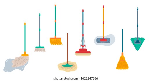 Brooms and mops equipment set. Hygiene handling objects, household mop and housework broom tools isolated on white background. Vector illustration.