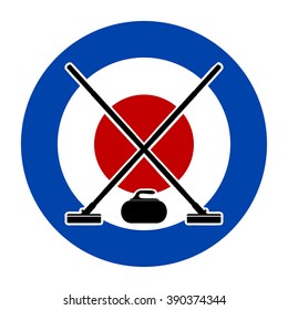 Brooms And Stone For Curling On Curling House. Vector Illustration.