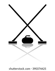 Brooms and stone for curling with reflection on a white background. Vector illustration.