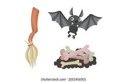 Broomstick, Heap of Bones and Flying Vampire Bat as Halloween Holiday Symbol Vector Set