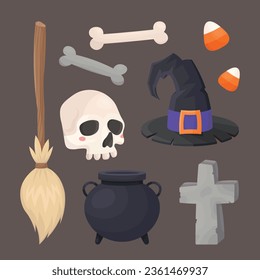 Broomstick and human skull, witch hat, bones, stone cross, cauldron and Halloween caramels. Colorful collection of witchcraft elements with shadows. Hand drawn isolated illustrations, brown background