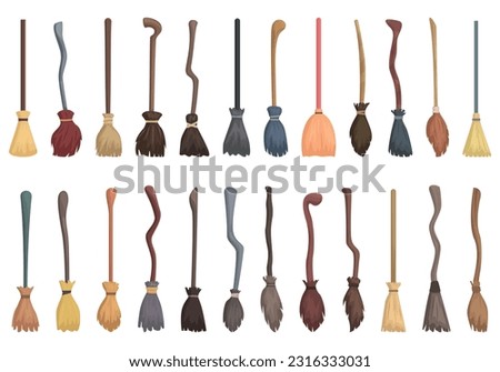 Broomstick icons set cartoon vector. Magic wizard. Wood stick