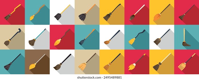 Broomstick icons set. Collection of different brooms for cleaning and performing magic rituals with long shadow on colorful backgrounds in flat style