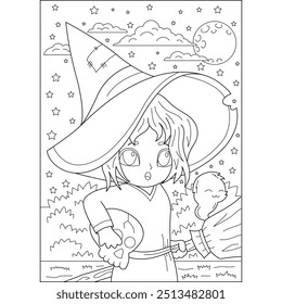 broomstick kawaii bruxa halloween coloração página de livro para crianças e adultos de coloração criativa atenção relaxamento atividade