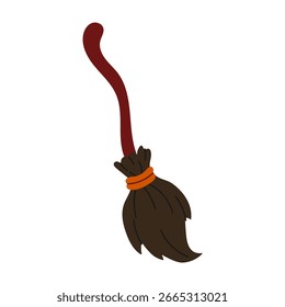 A broomstick with a red handle and orange string. The broomstick is brown and has a long handle