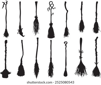 Broomstick silhouette set. Witch broomstick icons set in simple style. Vector illustration on a white background, Halloween Logo and Witch Symbol