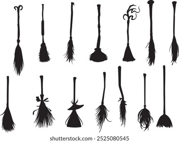 Broomstick silhouette set. Witch broomstick icons set in simple style. Vector illustration on a white background, Halloween Logo and Witch Symbol